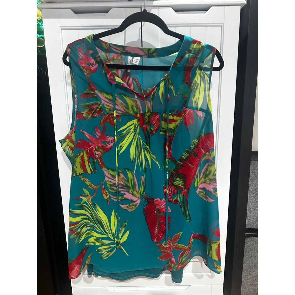 Cato Womens Plus Size 18/20W Tropical Leaf Print Sleeveless Chiffon Tie Neck Top